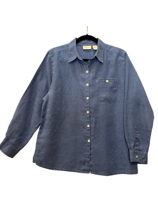 Studio Works Tops - Studio Works 100% Linen Women's Blue Shirt L Long Sleeve Shell Buttons Artsy